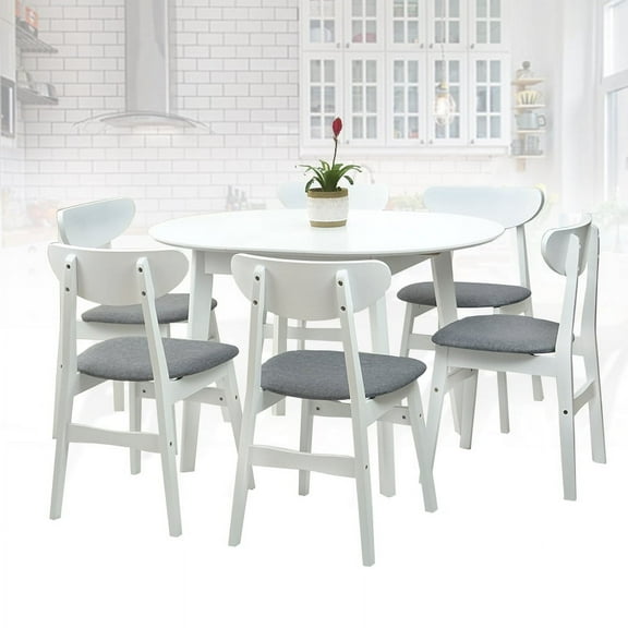 Dining Room Set of 6 Yumiko Chairs and Round Extendable Kitchen Modern Table Solid Wood w/Padded Seat, White Color with Light Gray Cushion