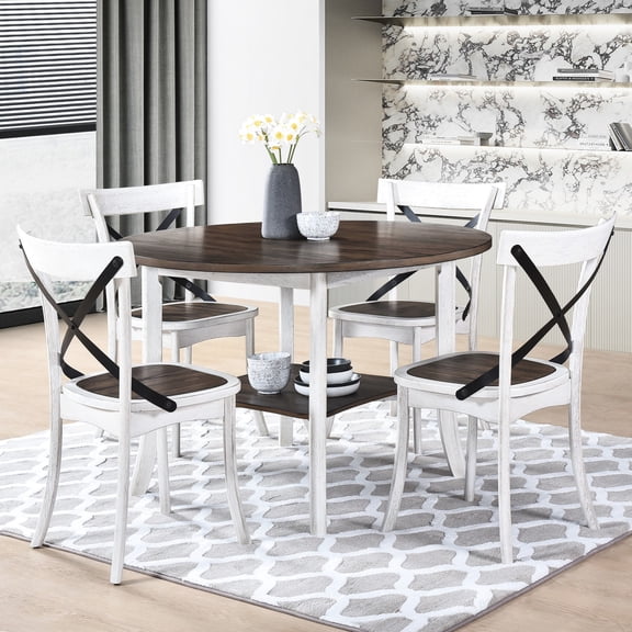 Dining Room Setup - Timeless Elegance With White Base And Dark Oak Top Furniture 4 Stylish Chairs, Round Table Storage Shelf