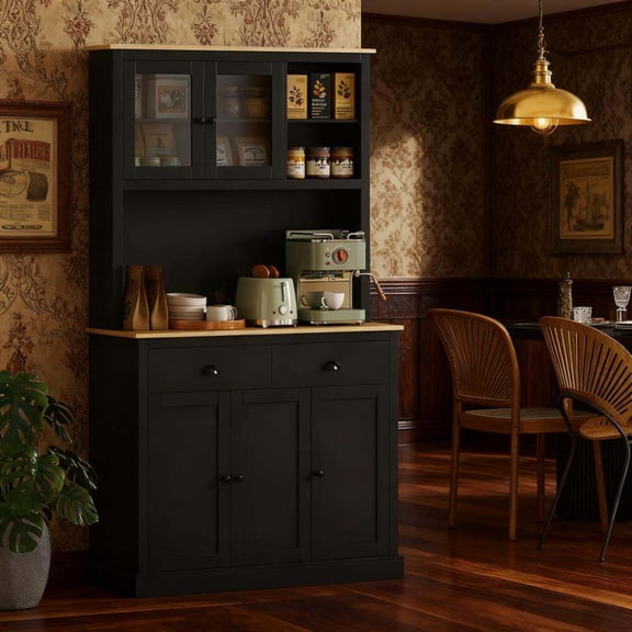 Dining Room Sideboards, 71" Tall Freestanding Kitchen Cabinet Black, Black Wooden Sideboards,Particle Board+Mdf Wooden Servers, Furniture Dining Furniture Servers, Sideboards & Buffets