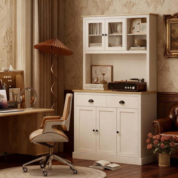 Dining Room Sideboards, 71" Tall Freestanding Kitchen Cabinet white, White Wooden Sideboards,Particle Board+Mdf Wooden Servers, Furniture Dining Furniture Servers, Sideboards & Buffets