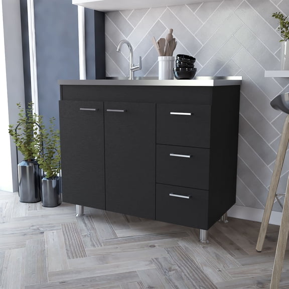 Dining Room Sideboards, Darien melamine base cabinet, three drawers and stainless steel top., Black Wooden Sideboards,Melamine Wooden Servers