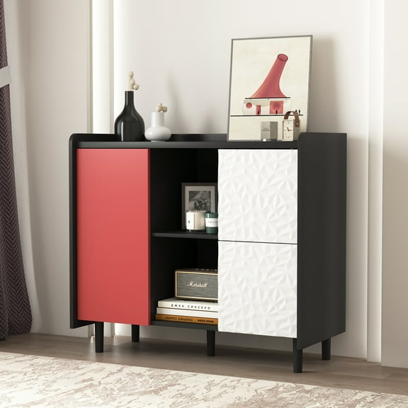 Dining Room Sideboards Sideboard Buffet Cabinet, Black Storage Cabinet with Red Doors , 2 Drawers with unique panel styling and 2 Open Storage Compartment, Modern Coffee Bar Cabinet Accent Cabinet f