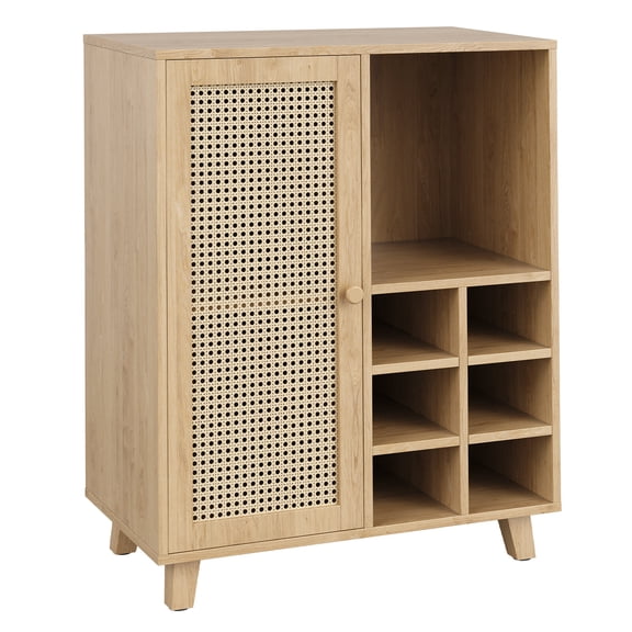 Dining Room Sideboards, Sideboard Cabinet with Storage, 34 Inch Wine Bar Cabinet with Wine Racks, Buffet Cabinets for Home, Living Room, Natural Wooden Sideboards,Rattan Wooden Servers