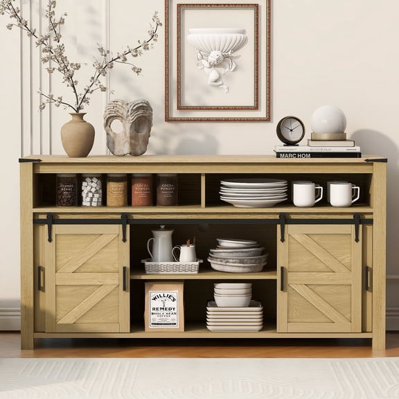 Dining Room Sideboards, U_STYLE 59.3''Sideboard with Sliding Barn Door and Mesh Panels,Farmhouse Buffet with Open Storage,Suitable for Living Room, Hallway, Balcony,Kitchen, Office