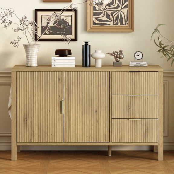 Dining Room Sideboards, U-Style Modern Wave-Pattern Sideboard with 3 Drawers, Large Storage Buffet Cabinet with Hooks and Extra Center Leg,Suitable for Living Room,Entryway,Hallway.