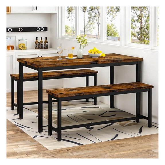 Dining Room Table Set with 2 Benches, Dining Table Set for 4-6, Kitchen Table Set for Home Kitchen, Dining Room, Restaurant, Space Saving, Rustic, 3 Pieces Dining Furniture Set (05-Brown)