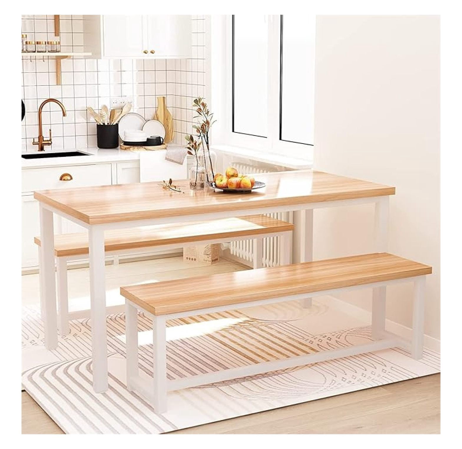 Dining Room Table Set with 2 Benches, Farmhouse Dining Table Set for 4 ...