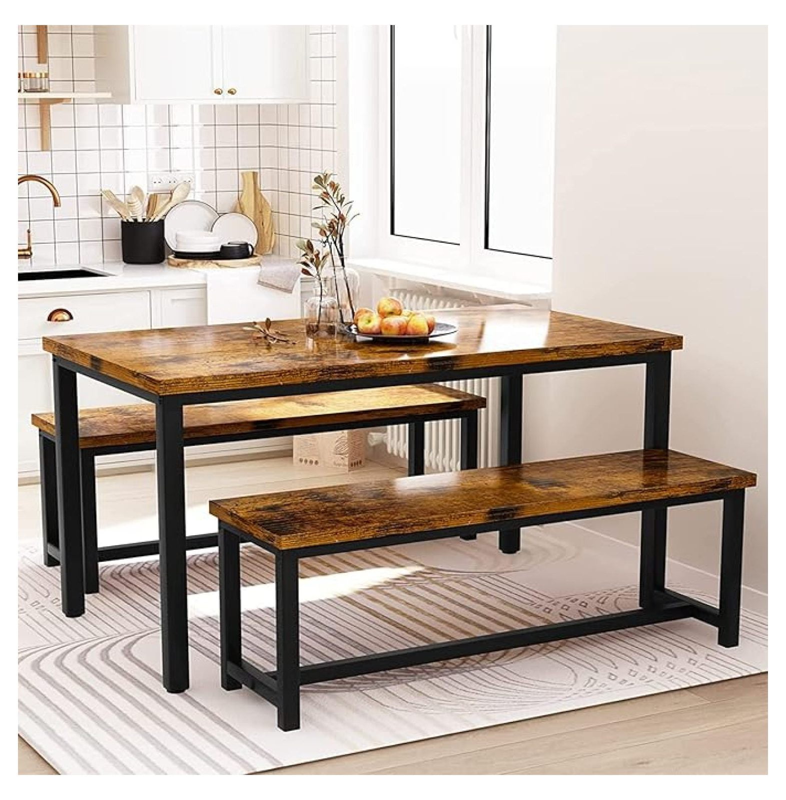 Dining Room Table Set with 2 Benches, Farmhouse Dining Table Set for 4 ...