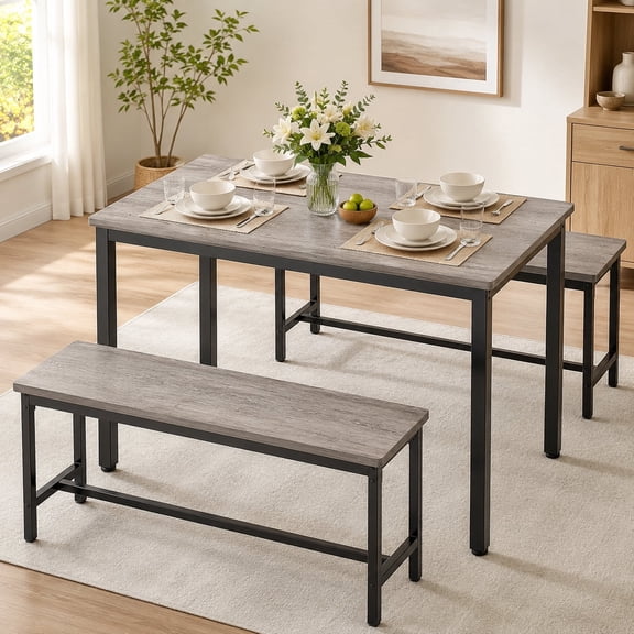 Dining Room Table Set for 4,43.3" Modern Kitchen Table Set with 2 Benches, Functional Dining Table Set with Metal Frame for Apartment Living Room Breakfast Nook Dinette Set,Grey