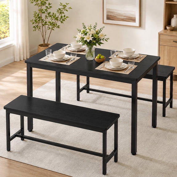 Dining Room Table Set for 4,43.3" Modern Kitchen Table Set with 2 Benches, Functional Dining Table Set with Metal Frame for Apartment Living Room Breakfast Nook Dinette Set,Black