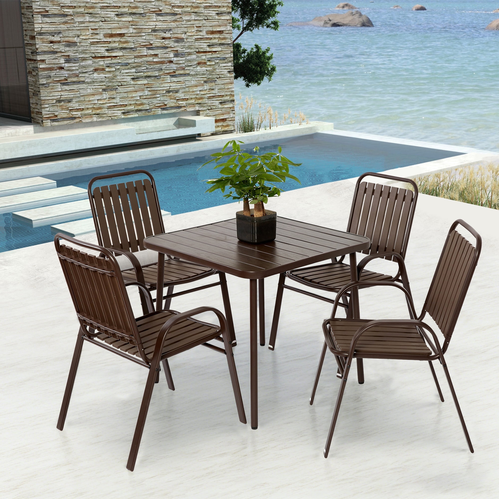 5-Piece Outdoor Patio Plastic Dining Table and Chair Set with