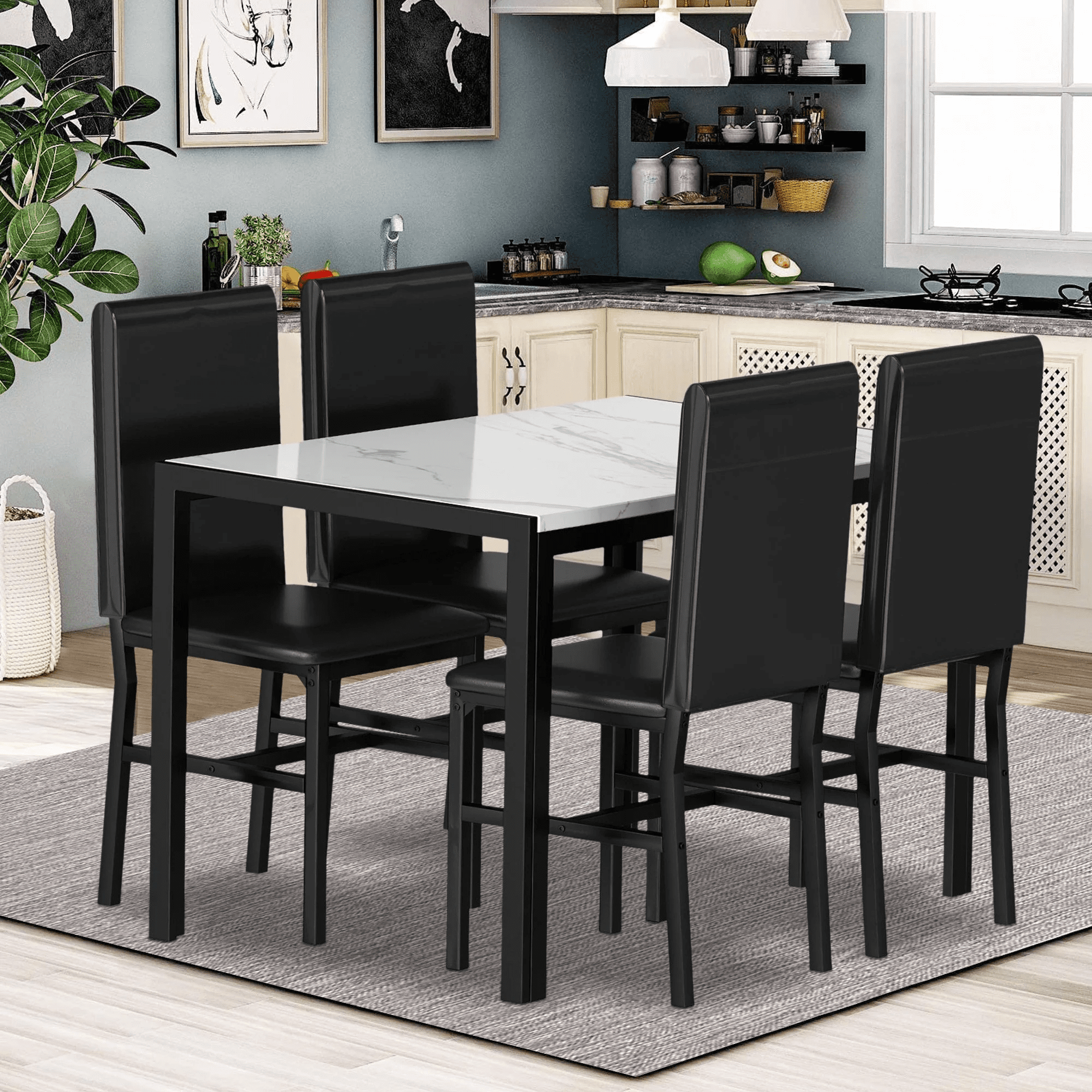 Dining Room Table Set for 4, Kitchen Table Set with 4 Upholstery Chairs, Modern Faux Marble Top Finish Dining Set for Bar, Breakfast Nook, Black