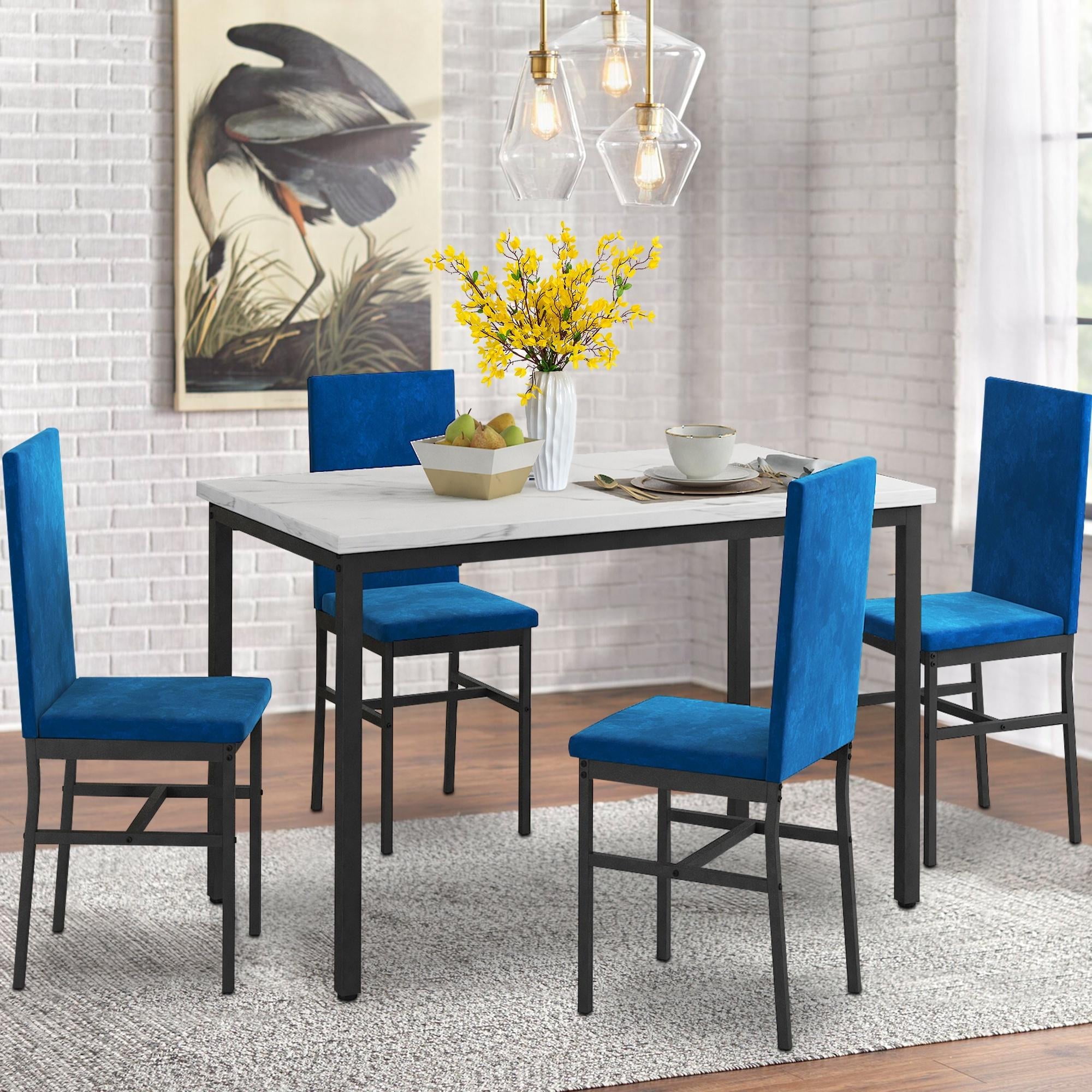 4Piece Blue Dining Set, Faux Marble Top, Upholstery Chairs, Ideal for