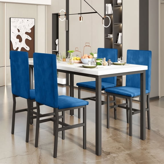 Dining Room Bar Table Set for 4, Kitchen Table Set with 4 Velvet Chairs, Modern Wooden Top Finish Dining Set for Bar, Breakfast Nook, Blue