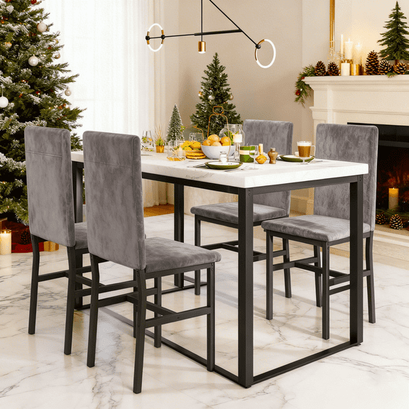 Dining Room Bar Table Set for 4, Kitchen Table Set with 4 Velvet Chairs, Modern Wooden Top Finish Dining Set for Bar, Breakfast Nook, Gray