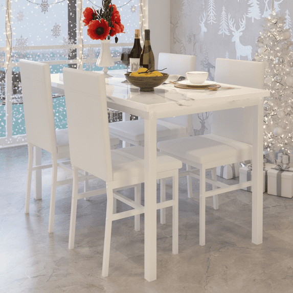 Dining Room Table Set for 4, Kitchen Table Set with 4 PU Upholstery Chairs, Modern Faux Marble Top Finish Dining Set for Bar, Breakfast Nook, White
