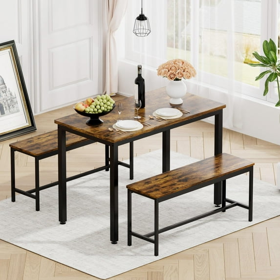Dining Room Table Set for 4 Person, 3 Piece Kitchen Table Set with 2 Benches, Home Wooden Table and Bench Set, Modern Breakfast Table Set for Small Spaces, Rustic Brown