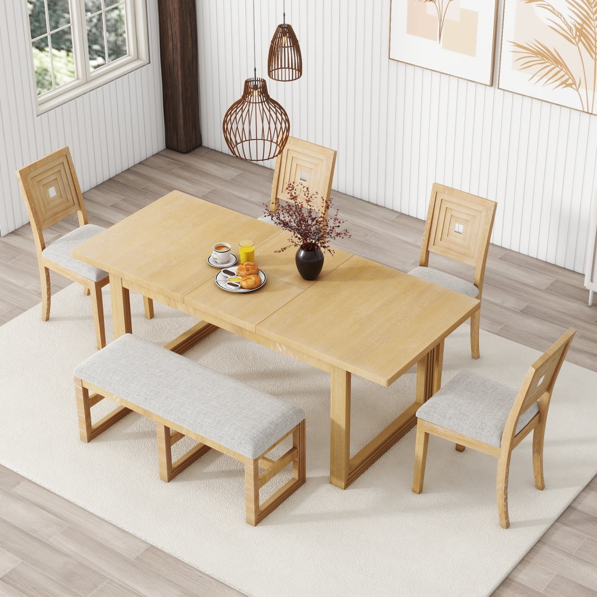 Dining Room Table Set for 6, 78" Extendable Rectangular Table with 18 ...
