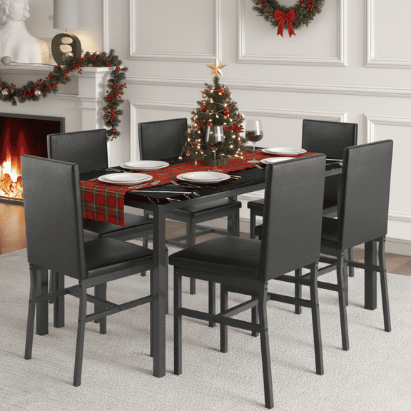Dining Room Table Set for 6, Wooden Kitchen Table and Chairs Set, Including 6 Upholstered Chairs, MDF Tabletop Rectangular Table, Traditional Rustic, Black