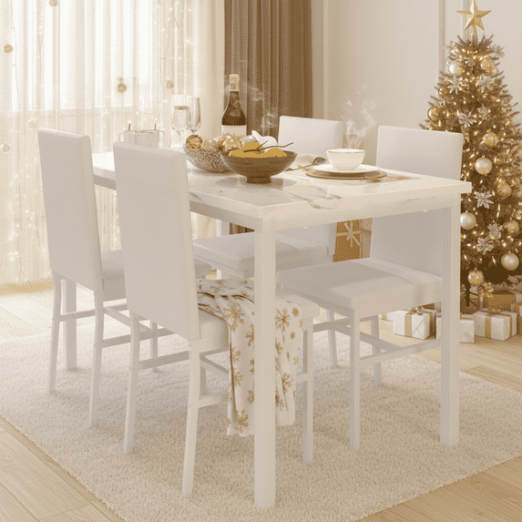 Dining Room Table Set for 4, Compact Kitchen Table and Chairs Set, Including 4 Upholstered Chairs, Marble Tabletop Rectangular Table, White