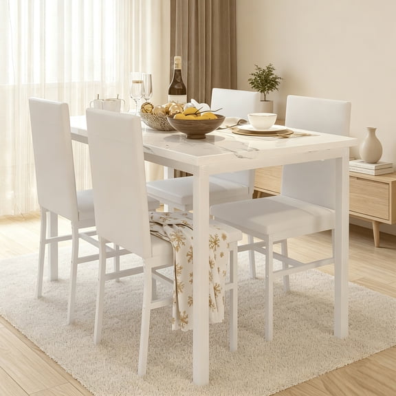 Dining Room Table Set for 4, Compact Kitchen Table and Chairs Set, Including 4 Upholstered Chairs, Marble Tabletop Rectangular Table, White