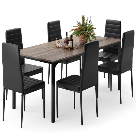 Dining Room Table Set for 6, Asofer Kitchen Table Set with Upholstered PU Leather Chairs for Kitchen Room, Living Room, Apartment, Gray