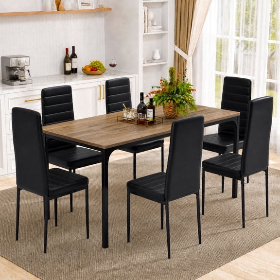 7-Piece Dining Table Set for 6, Asofer Kitchen Table Set with 6 Upholstered PU Leather Chairs for Apartment, Small Space, Gray