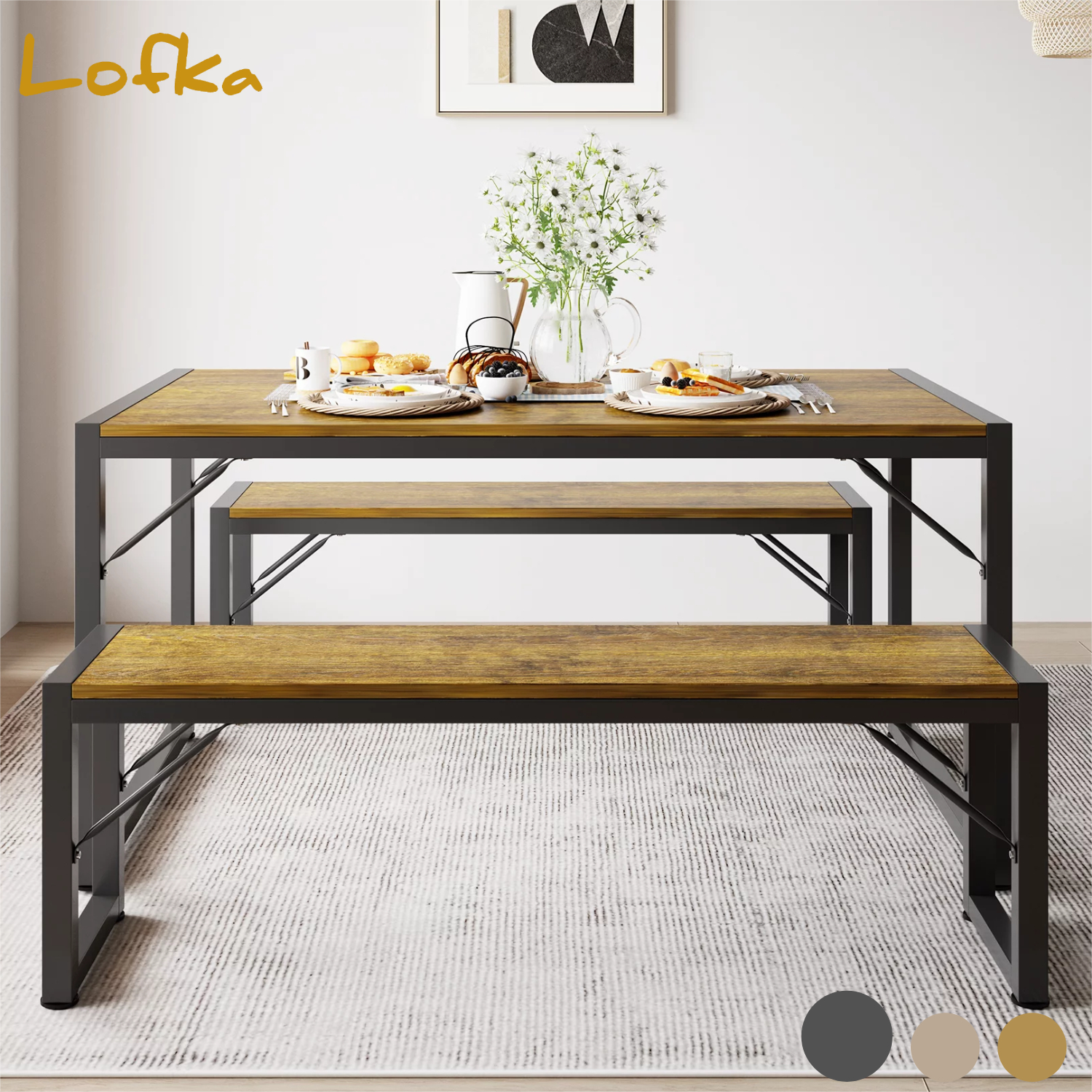 Lofka Dining Table Set for 4 with Benches - Solid Wood Kitchen Table for Small Spaces, Breakfast Nook & Apartments (Vintage Brown)