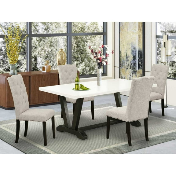 East West Furniture V627EL635-5 Dining Room Table Set, Multi Color - 4 Parson Dining Chairs Upholstered Seat & High Button Tufted Chair - 5 Piece