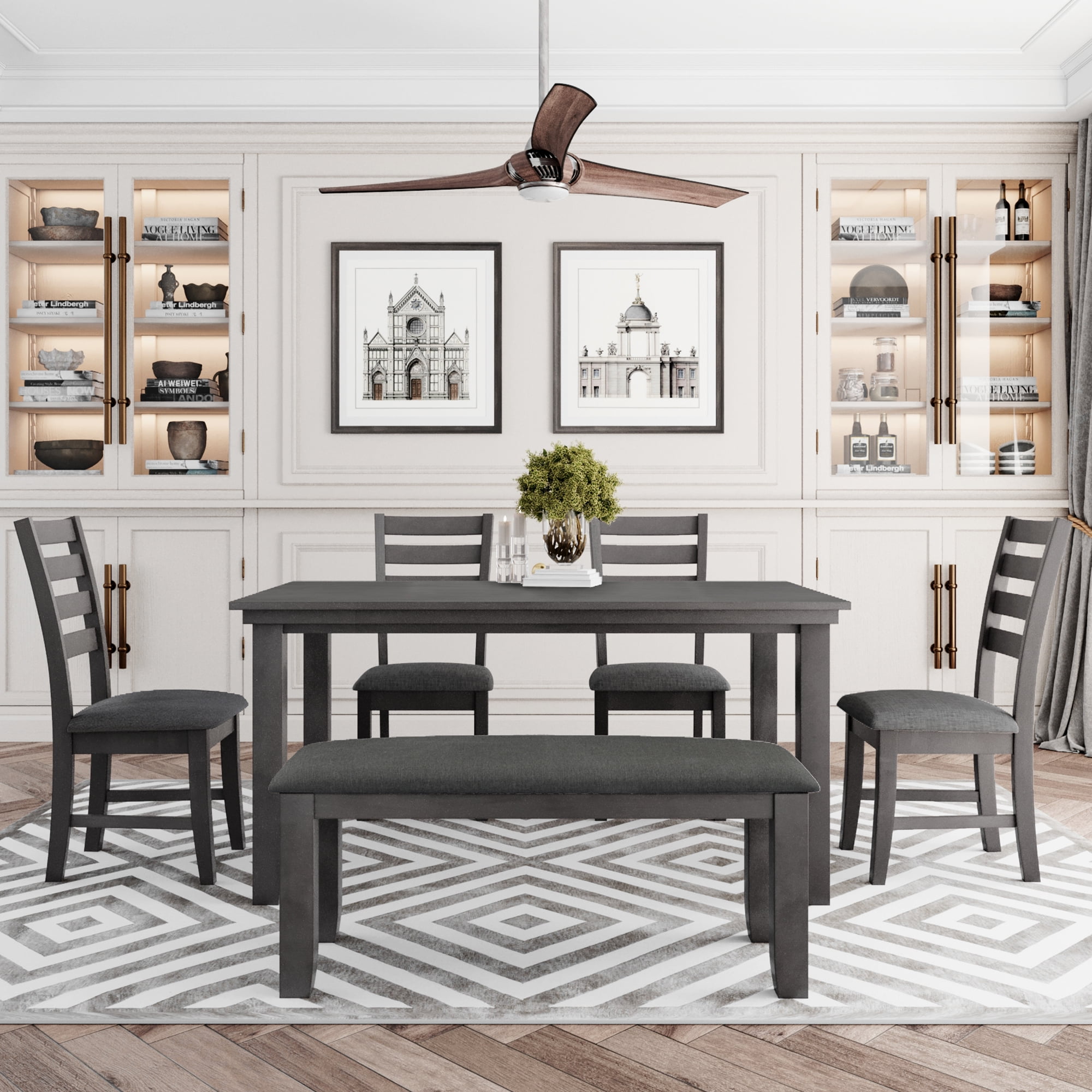Gray Rubberwood Dining Set with Slat Back Chairs and Bench