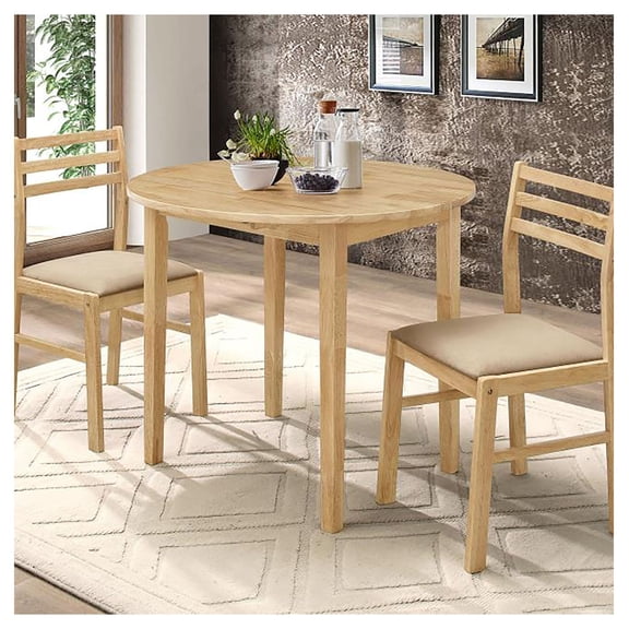 Dining Set 3 Piece, Drop Leaf Table & 2 Chairs, Natural Wood & Tan Upholstery, Kitchen Table Set for Small Spaces