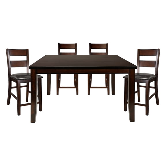 Dining Set, 5-Piece Counter Height Table with Extension Leaf and 4 Wood Frame Chairs, Mango Wood and Veneer in Cherry Finish, Dark Brown Faux Leather, Transitional Dining Room Set