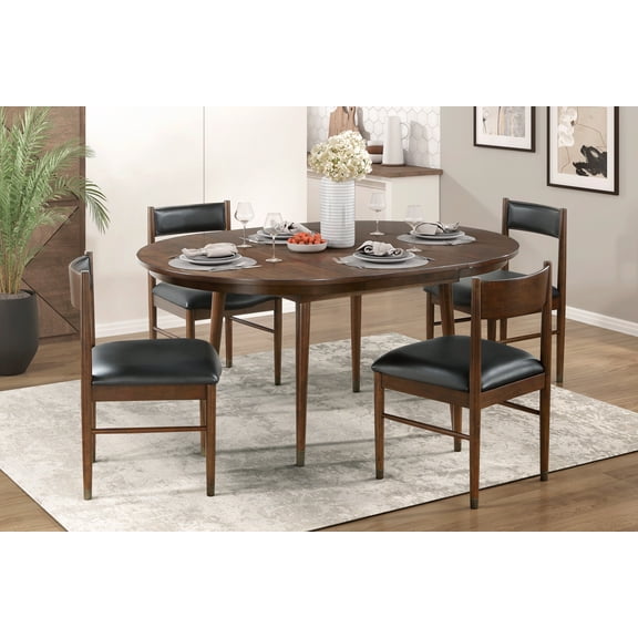 Dining Set, 5-Piece Maple Wood Dining Table with Self-Storing Butterfly Extension Leaf and 4 Black Leather Upholstered Chairs, Cherry Finish, 47.5" to 65" Oval Table for Dining Room