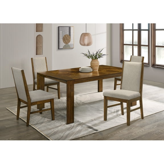 Dining Set, 5-Piece Rectangular Solid Wood Table with 4 Tufted Upholstered Fabric Side Chairs, Brown Finish, 70.9"W x 40"D x 30"H, Traditional Contemporary Style for Dining Room
