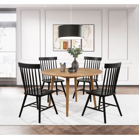 Dining Set, 5-Piece Round Solid Rubberwood Table with 4 Windsor Spindle-Back Side Chairs, 48-Inch Tabletop, Brown and Black Finish, Mid-Century Transitional Style for Dining Room