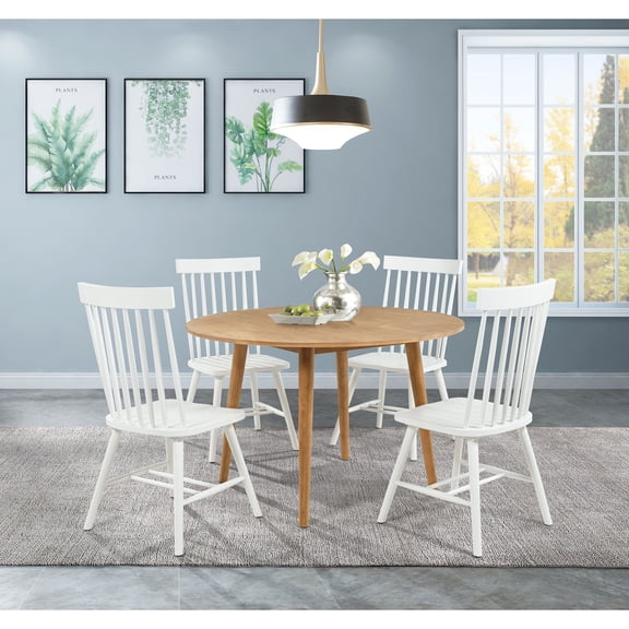 Dining Set, 5-Piece Solid Rubberwood and Ash Veneer Round Table with 4 Windsor Spindle-Back Chairs, 48-Inch Tabletop, Light Ash and White Finish for Mid-Century Modern Dining Room