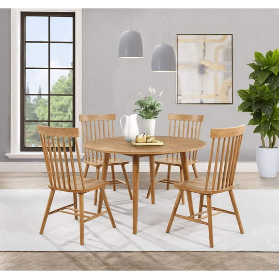 Dining Set, 5-Piece Solid Rubberwood Round Table and 4 Windsor Spindle-Back Chairs, 48-Inch Tabletop with Tapered Legs, Light Ash Brown Finish for Mid-Century Modern Dining Room