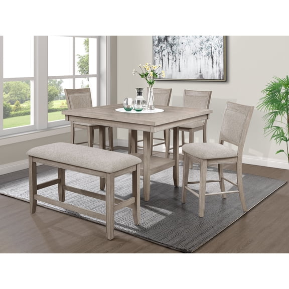 Dining Set, 6-Piece Contemporary Farmhouse Counter Height Solid Wood Table with 20-Inch White Faux Marble Lazy Susan, Upholstered Chairs and Bench, Tan and Beige Gray, 48" Square