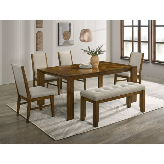 Dining Set, 6-Piece Rectangular Solid Wood Table with 4 Upholstered Side Chairs and Tufted Bench, Brown Neutral Fabric, 70.9"W x 40"D x 30"H, Traditional Style for Dining Room