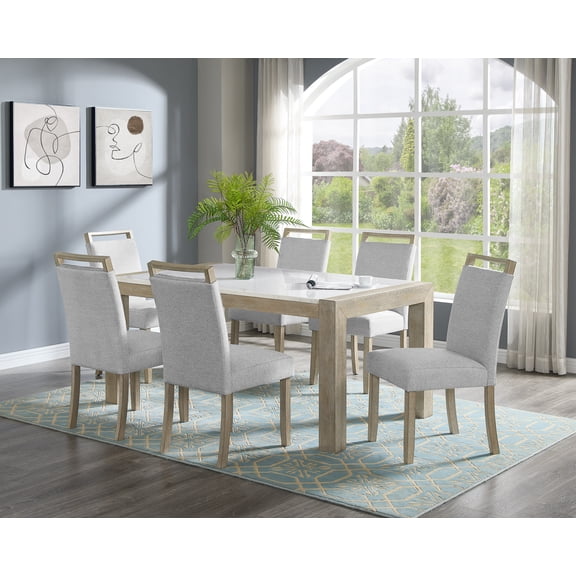 Dining Set, 7 Piece Contemporary White Genuine Marble Rectangular Table with 6 Gray Upholstered Full Back Chairs, Nailhead Trim, 66" x 38" x 30"H, for Modern Dining Room Placement