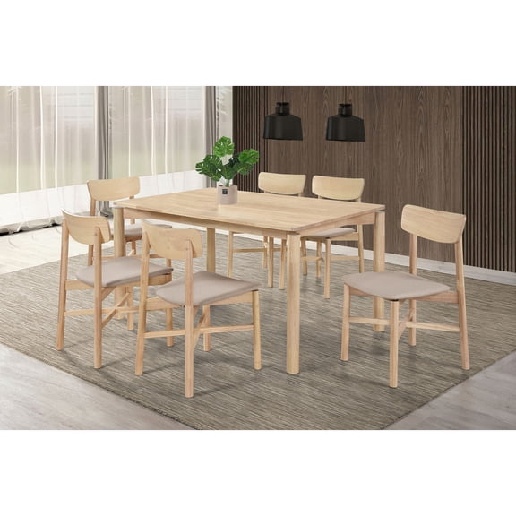 Dining Set, 7-Piece Mid-Century Modern Rubberwood Wood Table and 6 Upholstered Chairs, Rectangular 59" Table with Taupe Padded Seats, White Washed Finish for Dining Room Use