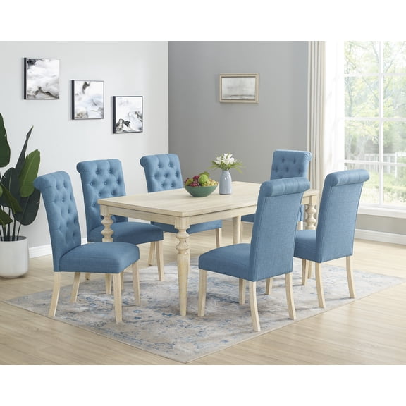 Dining Set, 7-Piece Rectangular MDF and Rubberwood Table with 6 Button-Tufted Parsons Chairs, Turned-Leg Design, Beige Brown Finish, 64W x 38D x 30H for Dining Room Placement