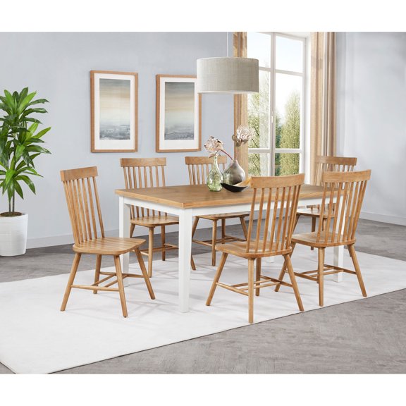 Dining Set, 7-Piece Rectangular Rubberwood Table and 6 Windsor Side Chairs, Light Ash and White Finish, Farmhouse Style for Dining Room, Table Dimensions 31"H x 38"W x 66.25"L