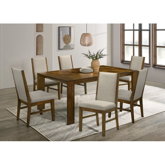 Dining Set, 7 Piece Rectangular Solid Wood Table with 6 Tufted Upholstered Fabric Side Chairs, Brown Finish, 70.9"W x 40"D x 30"H, Traditional Style for Dining Room Arrangement