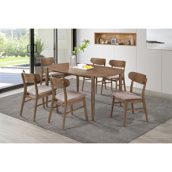 Dining Set, 7-Piece Solid Asian Hardwood Mid-Century Modern Dining Room Set with Rectangular Table 63"L x 39.25"W and 6 Upholstered Padded Side Chairs in Warm Walnut Finish Color