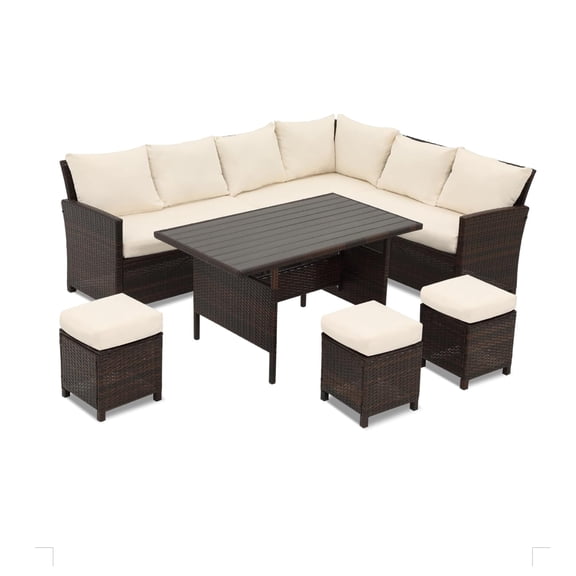 Dining Set 7 Piece Wicker Patio Dining Set, 9-Seat Outdoor Sectional Ivory Cushions Sofa with Ottomans & Dining Table Porch Backyard Garden