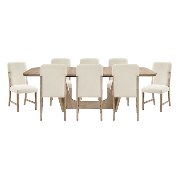 Dining Set, 9-Piece Extendable Wood Dining Table with 8 Upholstered Chenille Side Chairs, Natural Finish, Beige, Rectangular 43" x 74"-94" x 30"H, Modern Farmhouse Dining Room Collection