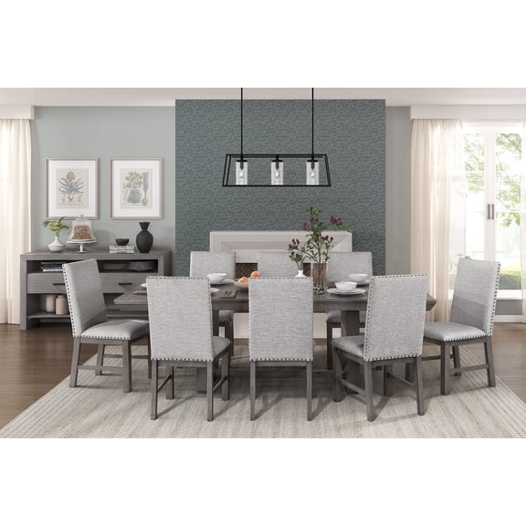 Dining Set, Acacia Wood Rectangular Extendable Dining Table with 8 Fabric Upholstered Side Chairs, Nailhead Trim, Gray Finish, 72.5-90 Inches Long, for Modern Dining Room