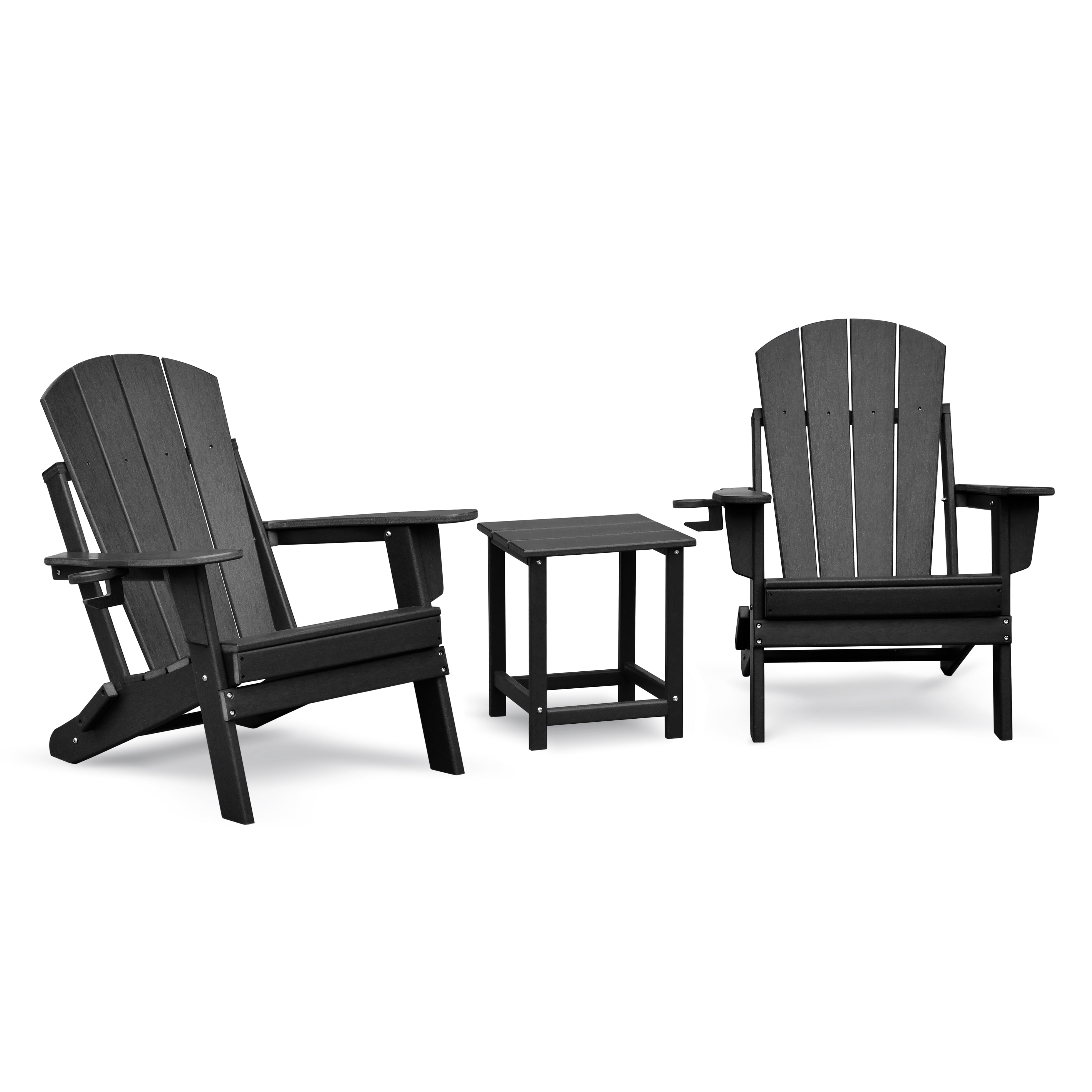 Dining Set Folding Outdoor Adirondack Chair Set of 2 and Table Set,All-weather Folding Fire Pit Chair, Ergonomic Design Patio Lawn Chair for Outside Deck Garden Backyardf Balcony, Black