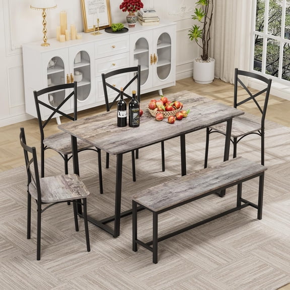 Dining Set, Kitchen Table Set, 6-Piece Diningwith Bench, Industrial Style MDF Table and Angled X-Back Chairs, Steel Frame Support, 52 Inch Gray